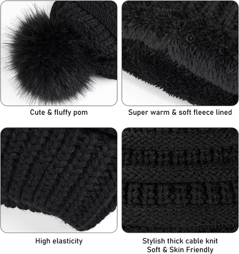Miniatura 4 de IYEBRAO - Paquete de 2 gorros de invierno para mujer con pompones y forro polar suave y cálido