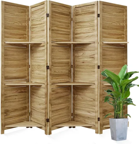 Miniatura 12 de Divisores de habitación, pantalla plegable de privacidad de madera de 67 x 51 pulgadas con tres estantes de exhibición, adecuado para oficina