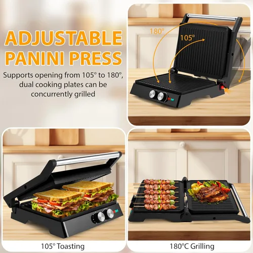 Miniatura 3 de SUSTEAS Panini Press Sandwichera y parrilla eléctrica para interiores con ajuste de temperatura y tiempo, rejillas antiadherentes fáciles
