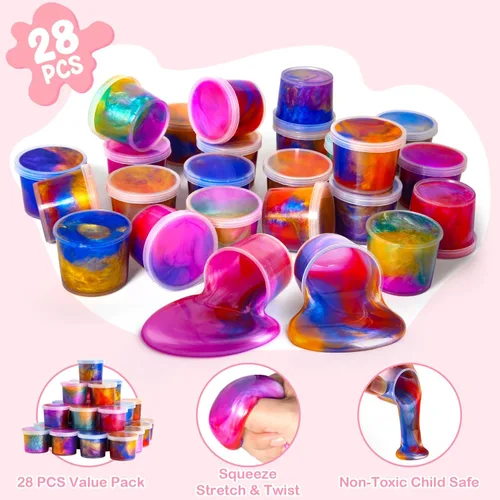 Miniatura 2 de SURCVIO Paquete de 28 regalos para el día de San Valentín para niños, slime de galaxia con caja de tarjetas de felicitación, juguete para aliviar