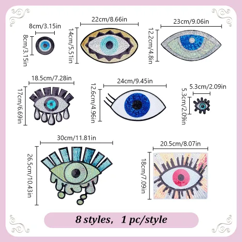 Miniatura 2 de INFUNLY 8 estilos de parches de lentejuelas de mal de ojo, apliques para planchar con purpurina bordada, parches de reparación de ojos bohemios
