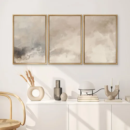 Miniatura 367 de SIGNWIN Lienzo enmarcado para pared, arte con pinceladas de flujo neutro en tonos beige abstractos, ilustraciones, arte moderno, decorativo