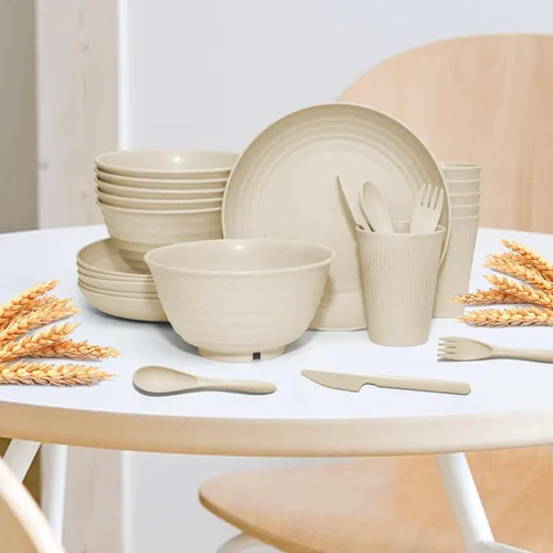 Miniatura 7 de 42 piezas Juego de vajilla de paja de trigo - SHECIPIN Juego de vajilla irrompible reutilizable para cocina, tazas, platos y cuencos, apto para Beige