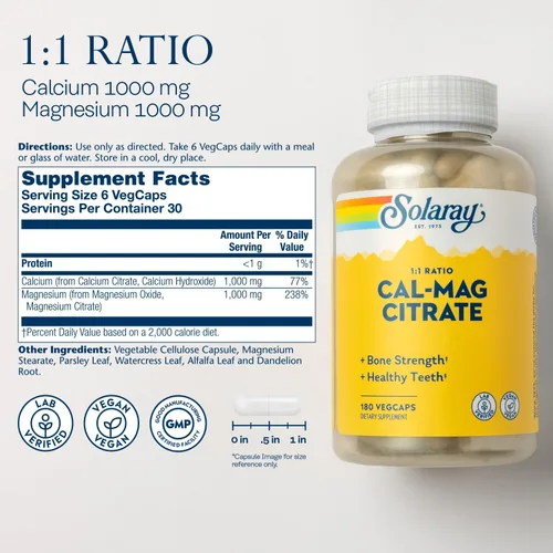 Miniatura 2 de Solaray Relación de citrato de calcio y magnesio 1:1, huesos saludables, dientes, soporte muscular y del sistema nervioso, 30 porciones, 180