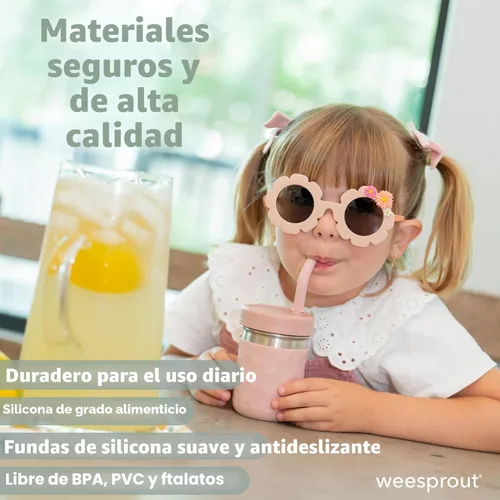 Miniatura 4 de WeeSprout Vasos 2 en 1 para niños, vaso de acero inoxidable duradero para batidos, pajitas de silicona con tapones, tapas giratorias de plástico