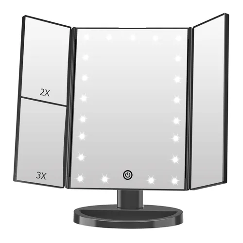 FASCINATE Espejo de maquillaje iluminado, 21 luces LED brillantes, espejo de tocador tríptico LED con aumento 3x/2x/1x, control táctil de brillo