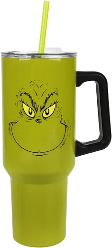 Bioworld Grinch Grinning Face - Vaso de acero inoxidable con asa (40 onzas), color verde Grinch Sonriendo Cara