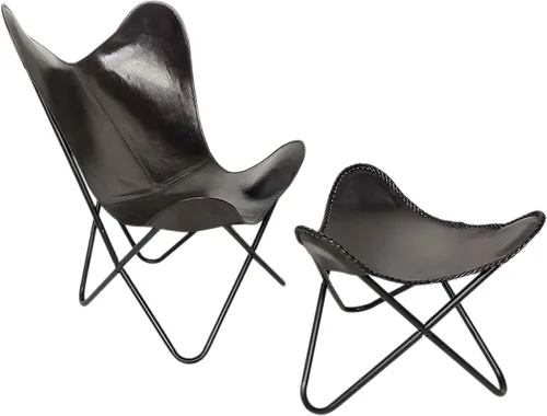Silla vintage de cuero mariposa con reposapiés plegable y moderno, decoración del hogar, silla clásica hecha a mano (soporte plegable con taburete