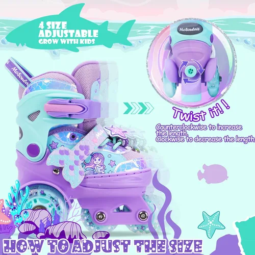 Miniatura 8 de Patines de Sirena para Niñas, MoSoulais 4 Tamaños Ajustables con Ruedas Iluminadas para Niños Pequeños, Patines para Mujeres Principiantes