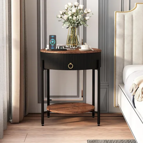 Miniatura 8 de OIOG Mesa auxiliar moderna con cajón, mesa de noche industrial de 2 niveles con estante, mesita de noche de grano de madera con almacenamiento