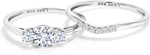 Miniatura 4 de Gem Stone King Juego de anillos de compromiso nupcial de 3 piedras de oro blanco de moissanita de oro blanco de 10 quilates con zafiro creado