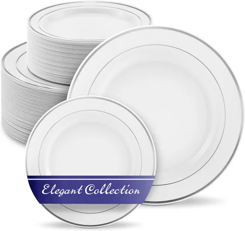 Juego de platos desechables para cena y postre, 200 piezas (10 + 7 pulgadas), elegantes platos de plástico blanco y plateado para fiestas y bodas,