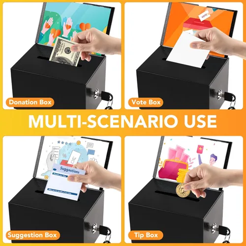 Miniatura 5 de Caja de sugerencias con ranura y cerradura, paquete de 3 cajas de donación de metal para recaudación de fondos con soporte para candado y letrero