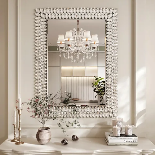 Miniatura 12 de Kelly Miller Espejo redondo con joyas para decoración de pared, espejo de pared decorativo moderno de 26 pulgadas con diamantes de lujo, espejo