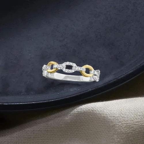 Miniatura 5 de Ross-Simons 0.20 ct. t.w. Diamond Paper Clip Link Ring in Sterling Silver and 14kt Yellow Gold