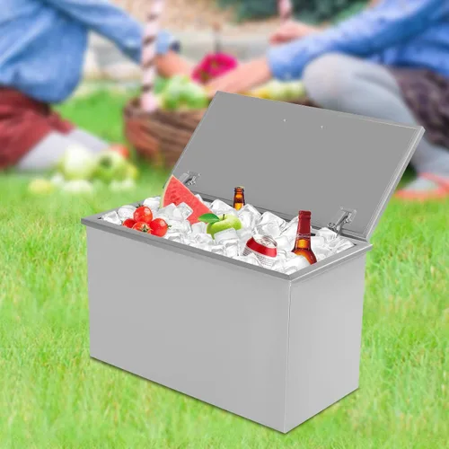 PanDair - Cofre de hielo de acero inoxidable con tapa con bisagras, para interiores y exteriores, incluye tubo de drenaje y tapón de drenaje para