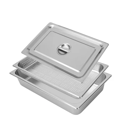 Hotel Pan - Sartenes de acero inoxidable con tapa, paquete de 3 bandejas de vapor perforadas de 2.6 pulgadas y 4 pulgadas de profundidad para mesa