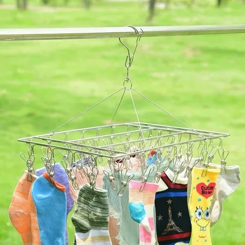 Miniatura 2 de Paquete de 2 estantes de secado de calcetines de acero inoxidable con 72 clips, gancho giratorio a prueba de viento para calcetines, ropa