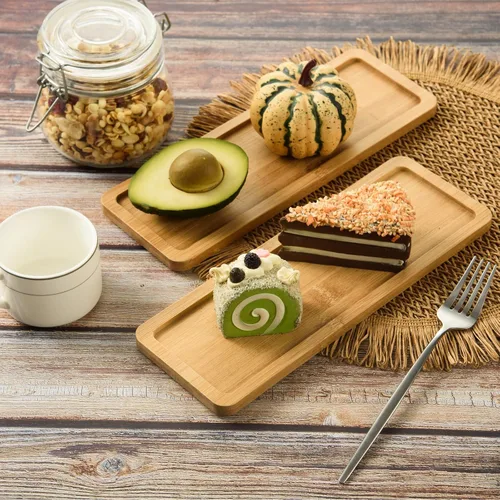 Miniatura 5 de Paquete de 4 bandejas de bambú rectangulares de bambú para servir té, bordes redondeados, bandeja de madera para mostrador de baño, bandeja de bambú