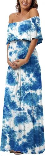 Miniatura 2 de Vestido largo de maternidad con volantes y hombros descubiertos, vestido largo y fluido para baby showersesión de fotos