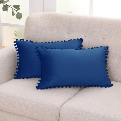 Miniatura 55 de Deconovo Juego de 2 fundas de almohada de terciopelo, 26 x 26 pulgadas, color azul, suaves pompones cuadrados con funda de cremallera oculta
