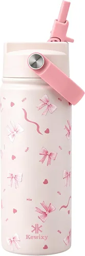 Miniatura 9 de KEWIXY Botella de agua aislada de 18 onzas con pajilla, tapa 2 en 1, popote y boquilla, a prueba de fugas, soporte para vasos, acero inoxidable