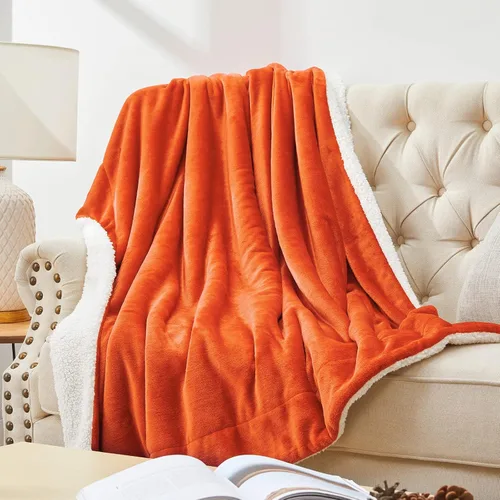 Miniatura 7 de Walensee Manta de vellón Sherpa (Tamaño de manta de 50 x 60 pulgadas, naranja) Manta de felpa peluda súper suave reversible de franela de microfibra
