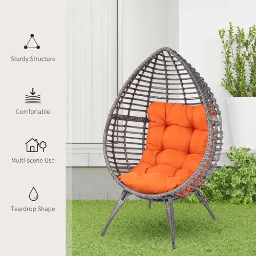Miniatura 6 de Outsunny Silla de mimbre para patio con cojín suave, asiento de lágrima, silla de patio para exteriores/interiores, muebles de ratán de plástico PE