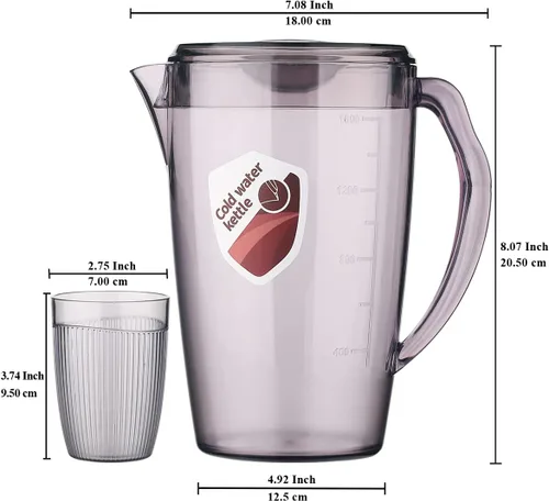 Miniatura 2 de HOMQUEN Jarra de plástico con 3 tazas, jarra de agua de 60 onzas/1.8 L con tapa, jarra de té helado, jarra de agua, jarra de agua con asa para té