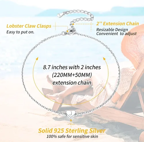 Miniatura 6 de ChicSilver Tobilleras de plata de ley 925 con iniciales para mujer, delicada pulsera de tobillo de corazón de playa, joyería de pie ajustable