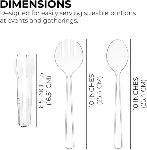 Miniatura 2 de Juego de 12 utensilios de plástico desechables resistentes para servir. Cucharas y tenedores de 10 pulgadas y pinzas de 6-1/2 pulgadas