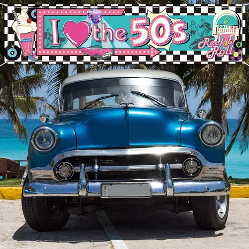 Miniatura 7 de Cartel de I Love The 50's – Decoraciones de fiesta temática de rock and roll de los años 50, fondo de pared para cabina de fotos, suministros