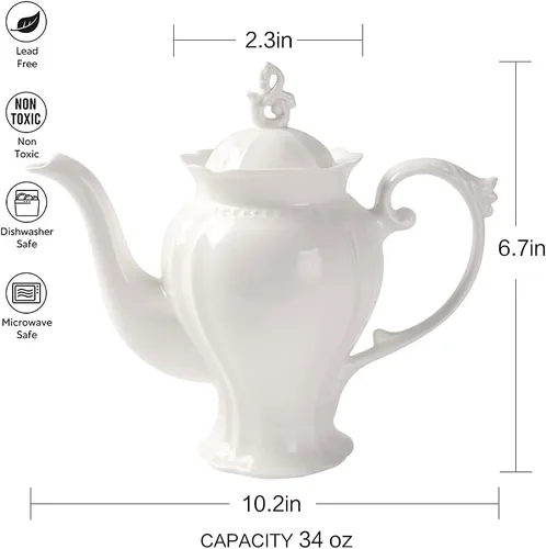 Miniatura 6 de Tetera inglesa ultra blanca de porcelana fina, cafetera estilo Victoria, peso ligero, 37 onzas