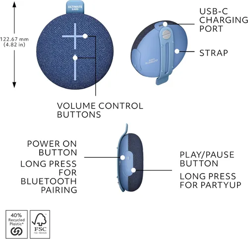 Miniatura 7 de Ultimate Ears MINIROLL Altavoz Bluetooth ultra portátil impermeable, graves grandes, IP67 a prueba de polvo, rango de 131 pies, azul suave