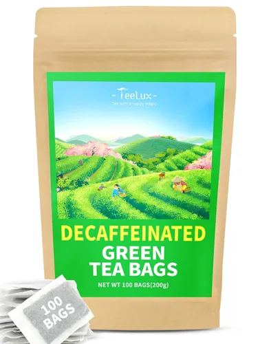 Bolsas de té verde descafeinado TeeLux, té verde descafeinado puro, súper antioxidante, 100 bolsas de té para té caliente y helado