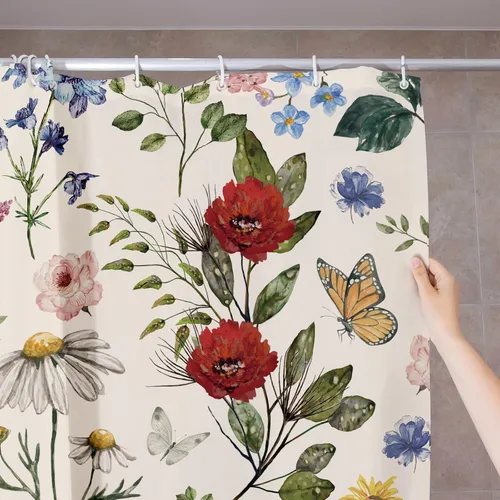 Miniatura 6 de AnyDesign Cortina de ducha de flores silvestres de 72 x 72 pulgadas, cortina de ducha de tela de mariposa retro con 12 ganchos, cortinas de baño