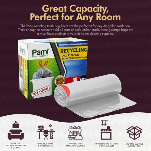 Miniatura 3 de PAMI Bolsas de basura altas con cordón de reciclaje para cocina, bolsas de basura de plástico extra fuertes, forros gruesos para cubos de basura