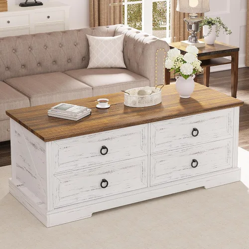 Miniatura 14 de Lareth - Mesa de café con almacenamiento, mesa de centro rústica de madera de 47.2 pulgadas con 4 cajones para sala de estar, mesa de té