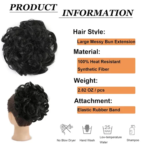 Miniatura 3 de Elaine - Extensión de coletero de chongo grande con cabello rizado y ondulado sintético, piezas de cabello grueso, para mujeres, con scrunchies
