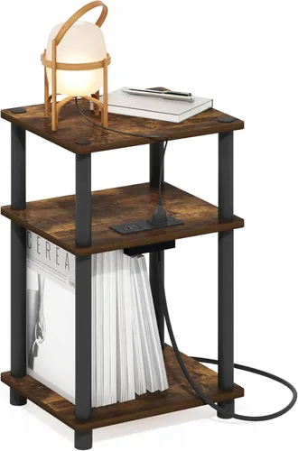 Miniatura 16 de Furinno JUST - Mesa auxiliar moderna de 3 niveles con estación de carga, mesita de noche de fácil montaje, mesita de noche con puerto USB y tipo C