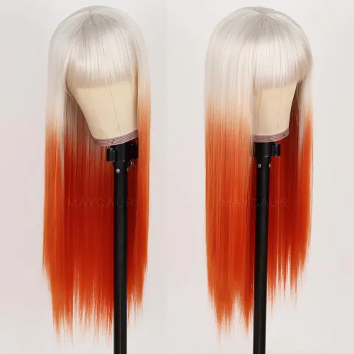 Miniatura 18 de Maycaur Pelucas de cabello sintético de color rubio con flequillo completo #613, color largo y liso, resistente al calor, pelucas sin encaje