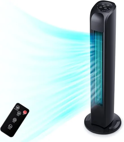Uthfy Ventilador de torre oscilante para dormitorio, ventilador de pie portátil con control remoto, 3 modos, 3 velocidades, temporizador de 7.5
