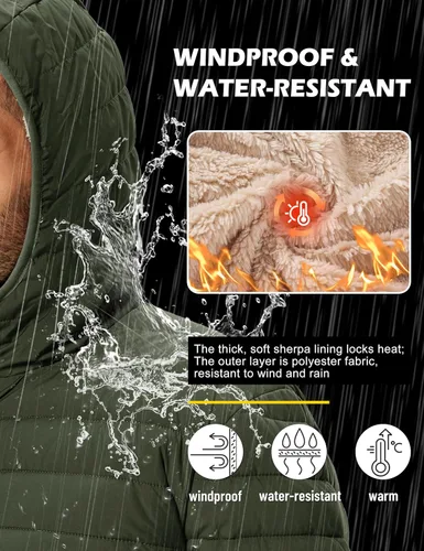 Miniatura 5 de TACVASEN - Chaqueta acolchada con capucha para hombre. Forro de sherpa, resistente al agua, cortaviento, aislada. Chaqueta abrigada para invierno