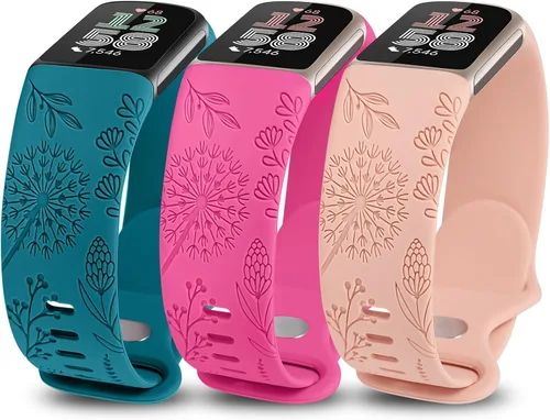 Miniatura 17 de Minyee Paquete de 3 bandas grabadas florales compatibles con Fitbit Charge 6 bandas/Fitbit Charge 5 bandas para mujer, lindo diseño de flores