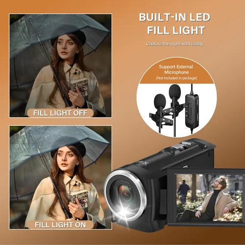 Miniatura 5 de Muitune Cámara de video QHD 2.7K 56MP 16X Zoom digital Vlogging Cámara con luz de relleno LED para YouTube, 2.8 pulgadas 270 grados de rotación LCD