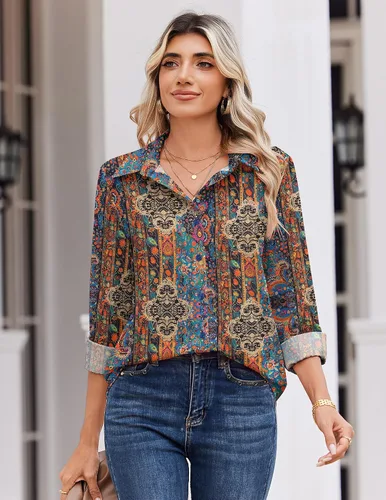 Miniatura 3 de Zeagoo Blusa para mujer, de manga larga, con botones, casual, ligera, lisa/estampada