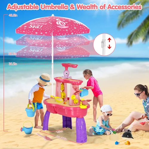 Miniatura 4 de Juguetes de mesa de agua de arena 2026 para niños pequeños de 1-3, 3-5 años con paraguas, juguete de mesas de agua al aire libre para niños de 3 Rosa