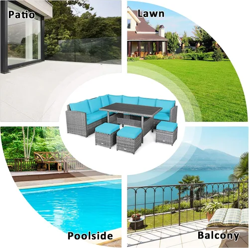 Miniatura 8 de Tangkula Juego de muebles de patio para 6, 7 piezas para todo tipo de clima, sofá seccional de mimbre de polietileno resistente con mesa de comedor