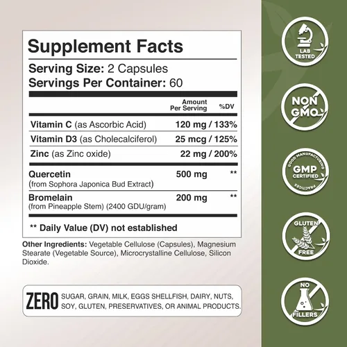 Miniatura 4 de Quercetina con vitamina C y zinc - Quercetina 500 mg - Quercetina con bromelina - Quercetina de zinc - 120 cápsulas vegetarianas. Suplementos
