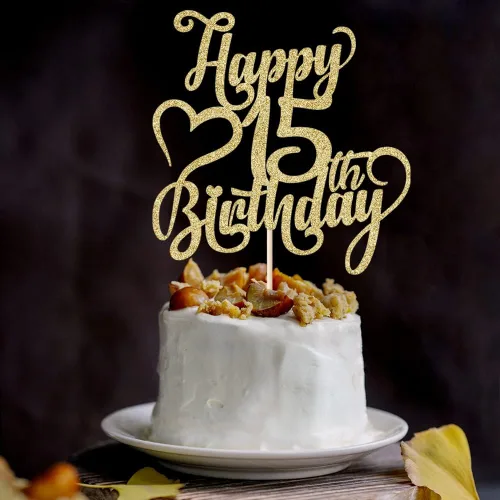 Miniatura 6 de Decoración para tarta de cumpleaños número 15 con purpurina dorada – 15 aniversario/cumpleaños – Hello 15, Cheers to 15 años, 15 & Fabulous Cake